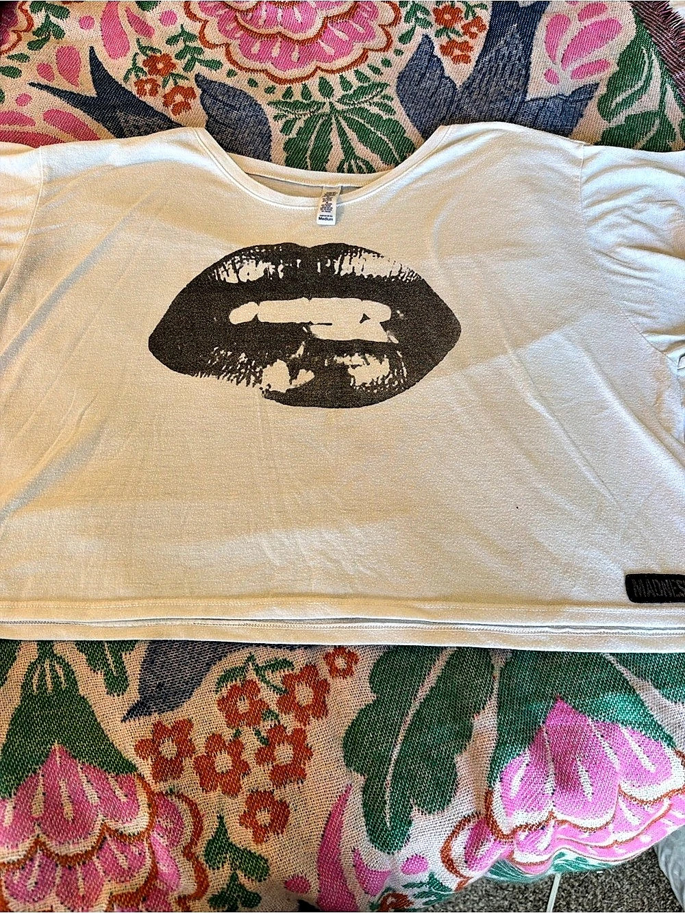 Bella + Canvas Ladies Flowy Cropped T-Shirt Graphic Tee White & Black Medium